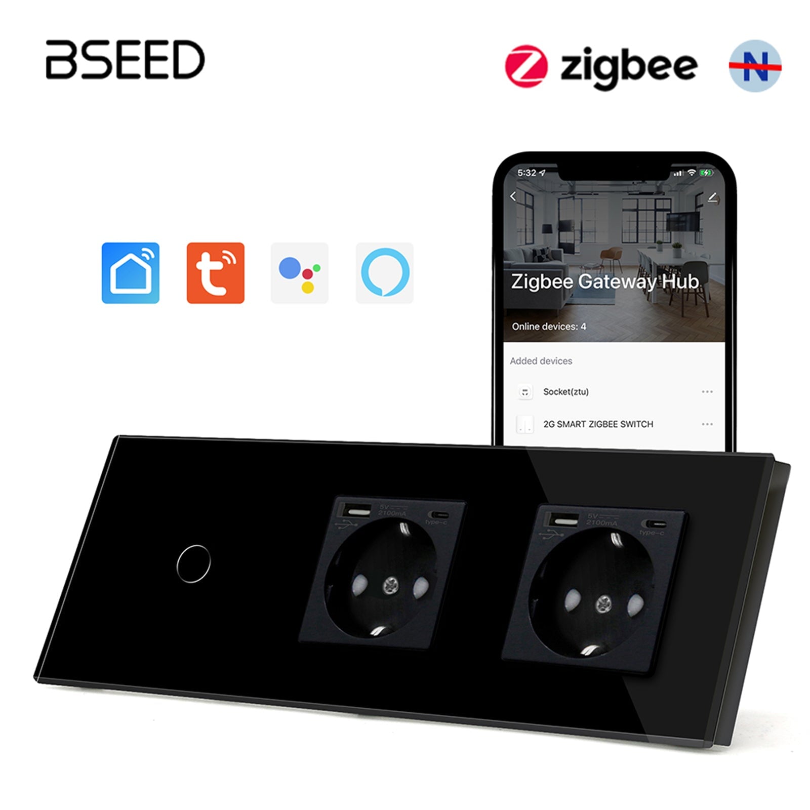 Bseed Zigbee Touch 1/2/3 Gang NO Neutral line Light Switches With Double EU Socket with USB-C Light Switches Bseedswitch Black 1Gang 