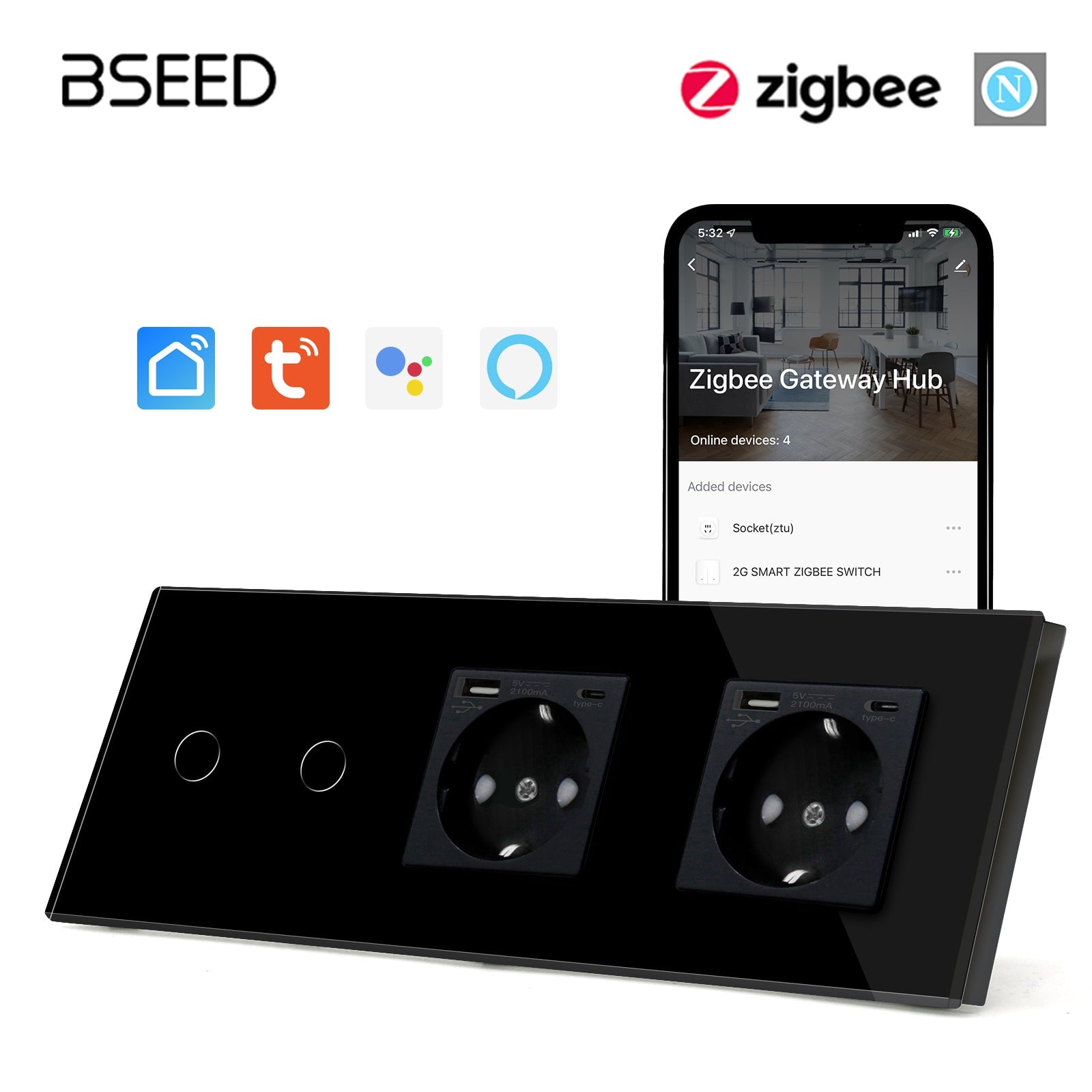 Bseed Zigbee 1/2/3 Gang Light Switches With Normal Double EU Standard Wall Sockets with USB-C Switch Bseedswitch Black 2Gang 