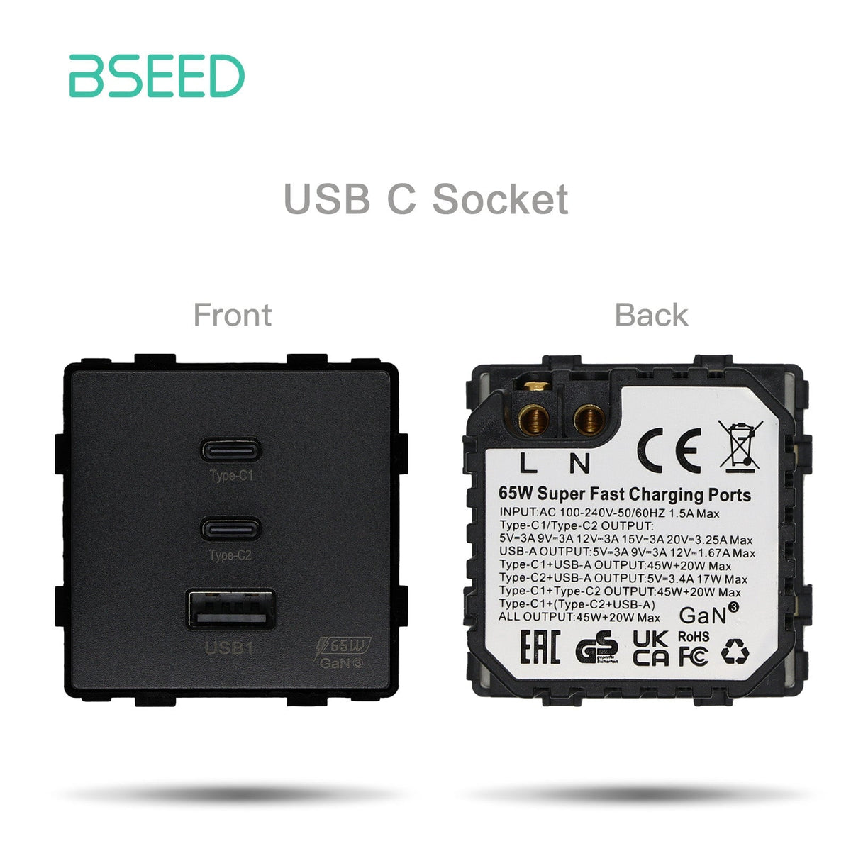 USB PC CAT5 ST Wall Plug Socket Outlets Socket Frame DIY Parts Free Combination socket Bseedswitch Black 65W A1C2 USB-C Socket 