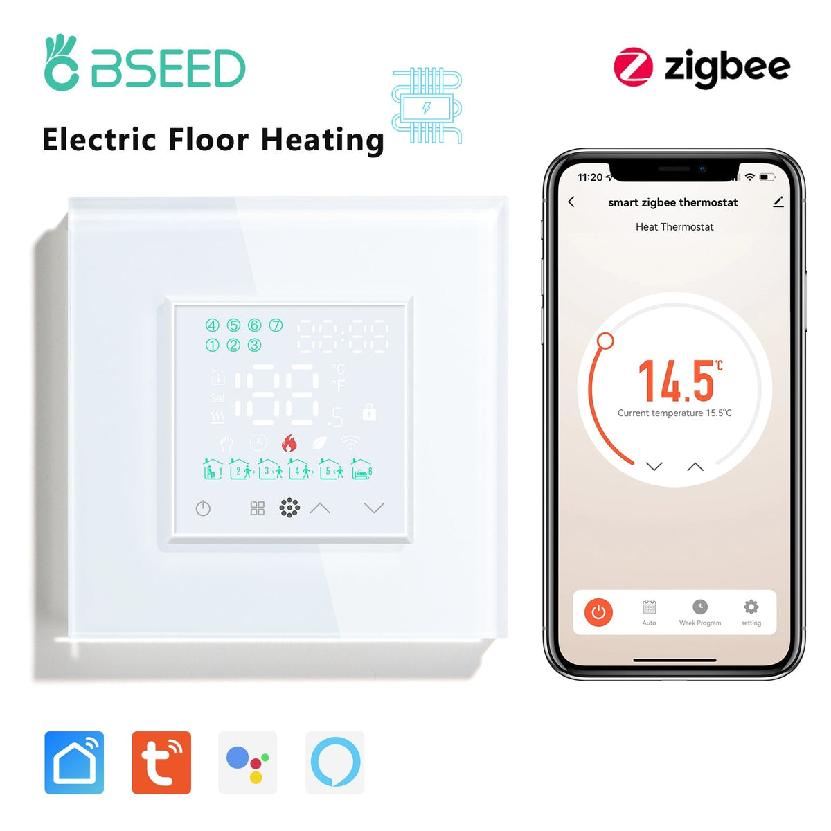 BSEED Touch LED Screen Electric Floor Heating Water Boiler Room Thermostat ZigBee Alexa Google App Temperature Controller Backlight Thermostats Bseedswitch White Electric 