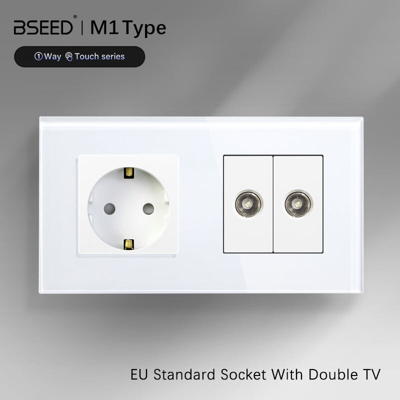 BSEED EU Standard Wall Socket With Double TV Socket Crystal Glass Panel Power Outlets & Sockets Bseedswitch 