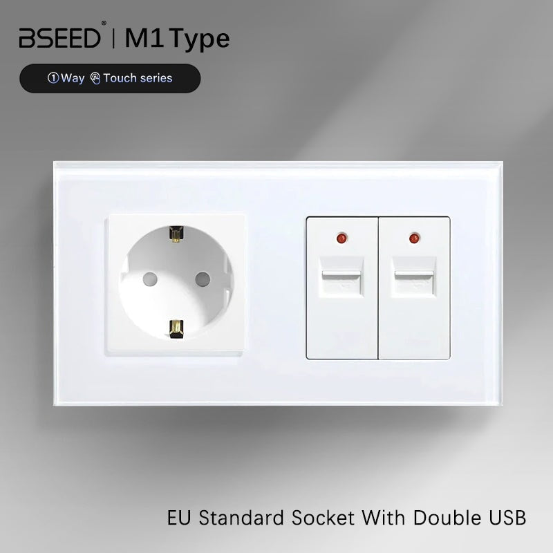 BSEED EU Standard Socket With Double USB Charger 5V 3.1A Power Wall Socket Crystal Glass Panel 100V-240V Power Outlets & Sockets Bseedswitch 