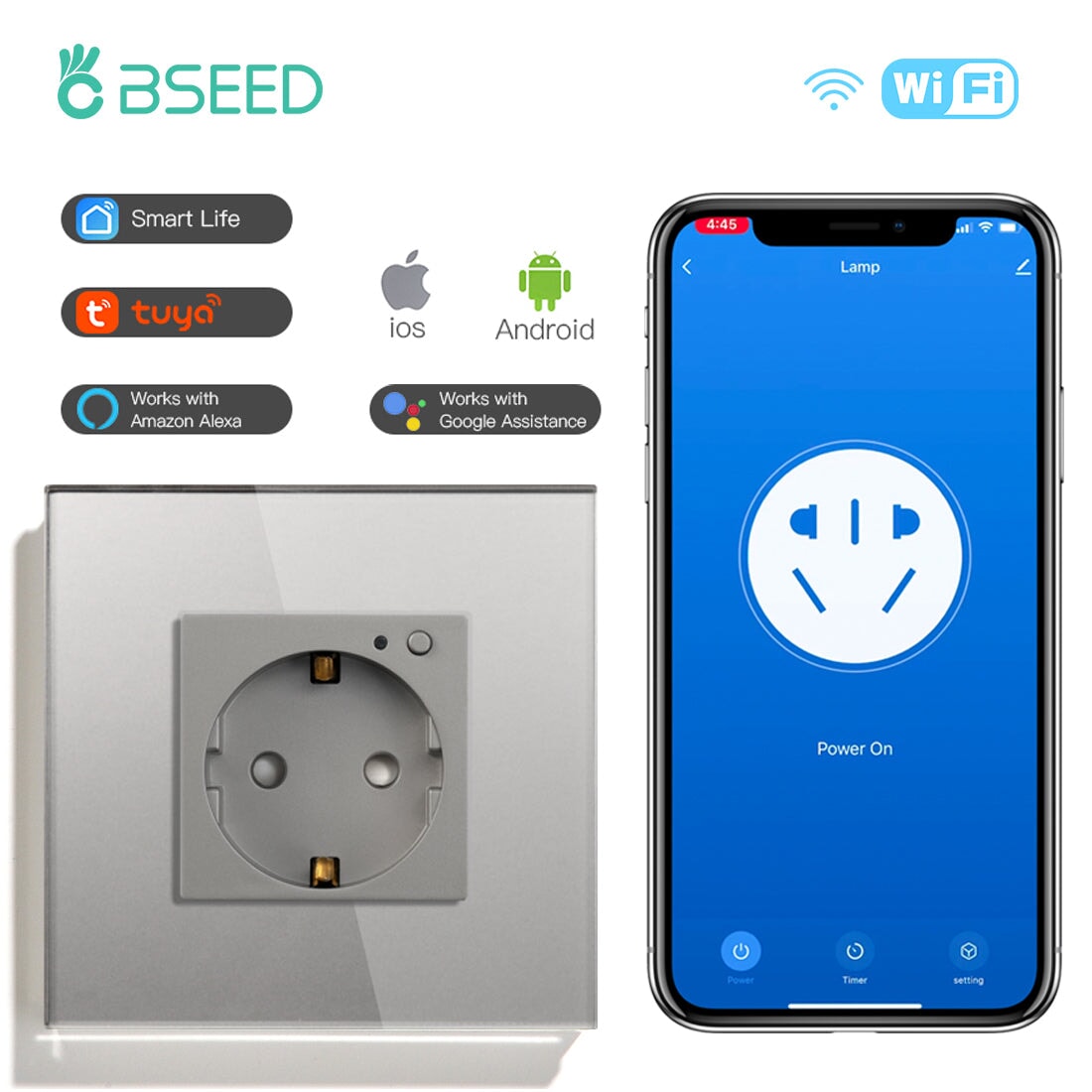 BSEED Wifi EU Wall Sockets Single Power Outlets Kids Protection Wall Plates & Covers Bseedswitch grey Signle 