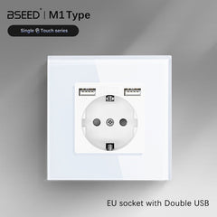 BSEED EU / FR Standard Wall Socket With Double USB Crystal Mirror Glass Panel Bseedswitch 