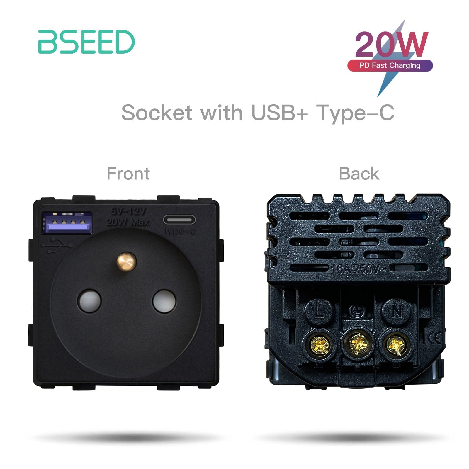 BSEED French Type-C Interface Outlet Wall Socket 16A USB Charge Power Outlets & Sockets Bseedswitch Black 20W 