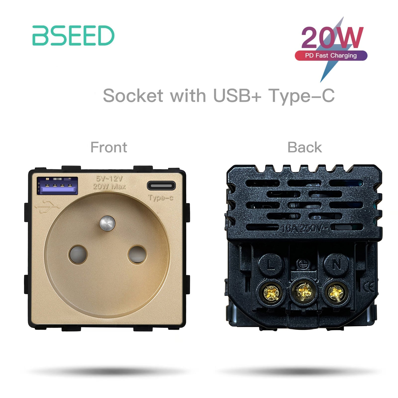 BSEED French Type-C Interface Outlet Wall Socket 16A USB Charge Power Outlets & Sockets Bseedswitch Gold 20W 
