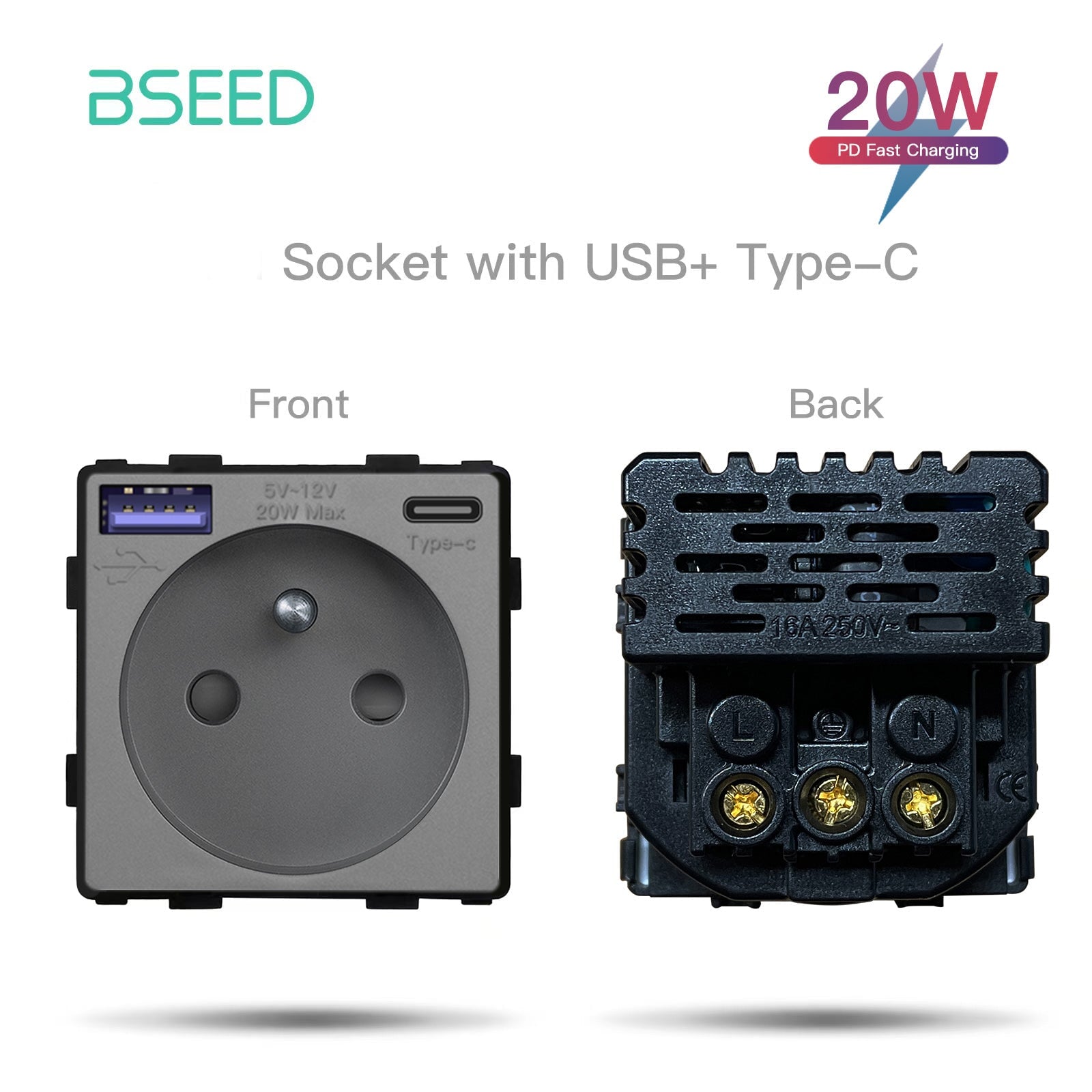 BSEED French Type-C Interface Outlet Wall Socket 16A USB Charge Power Outlets & Sockets Bseedswitch Grey 20W 