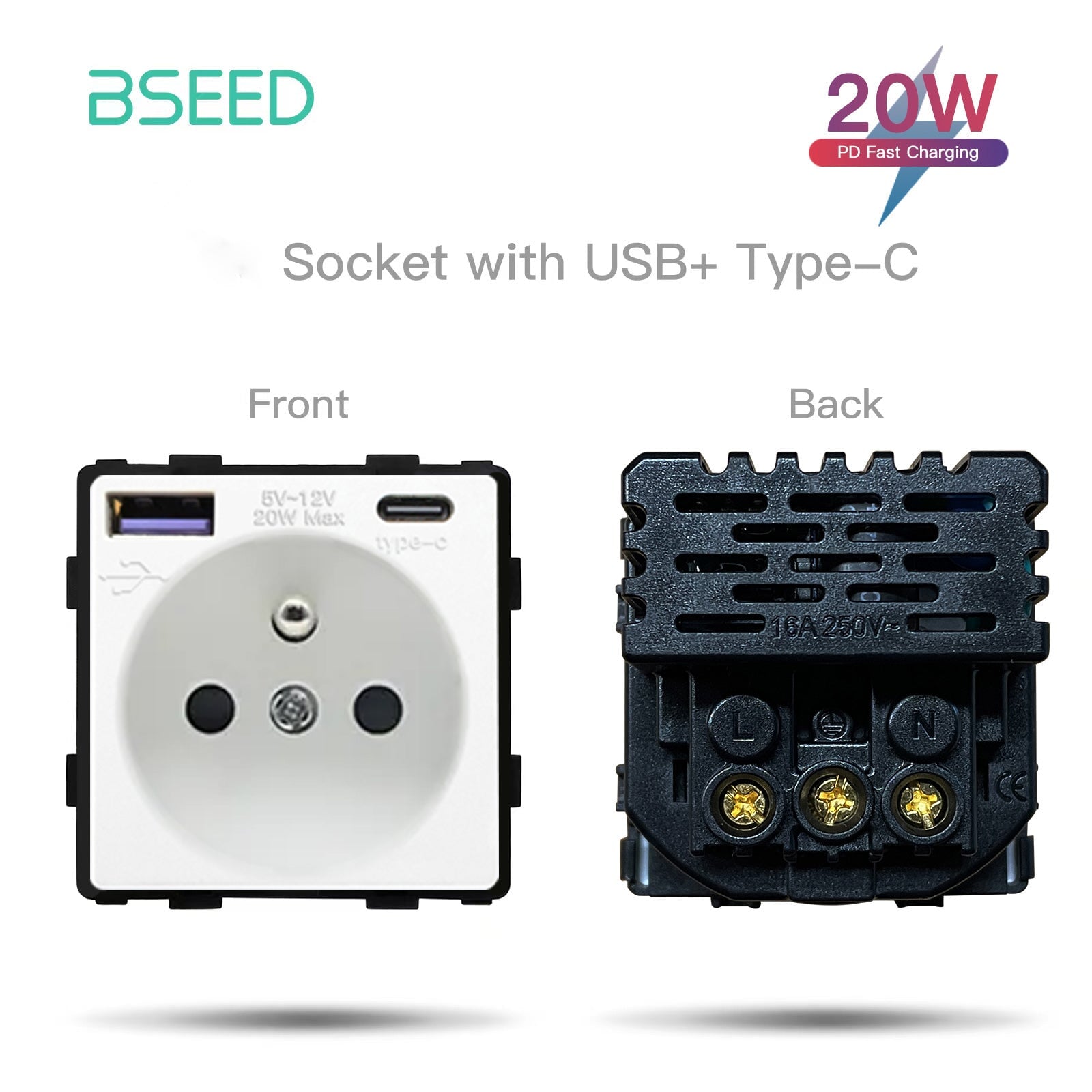 BSEED French Type-C Interface Outlet Wall Socket 16A USB Charge Power Outlets & Sockets Bseedswitch White 20W 