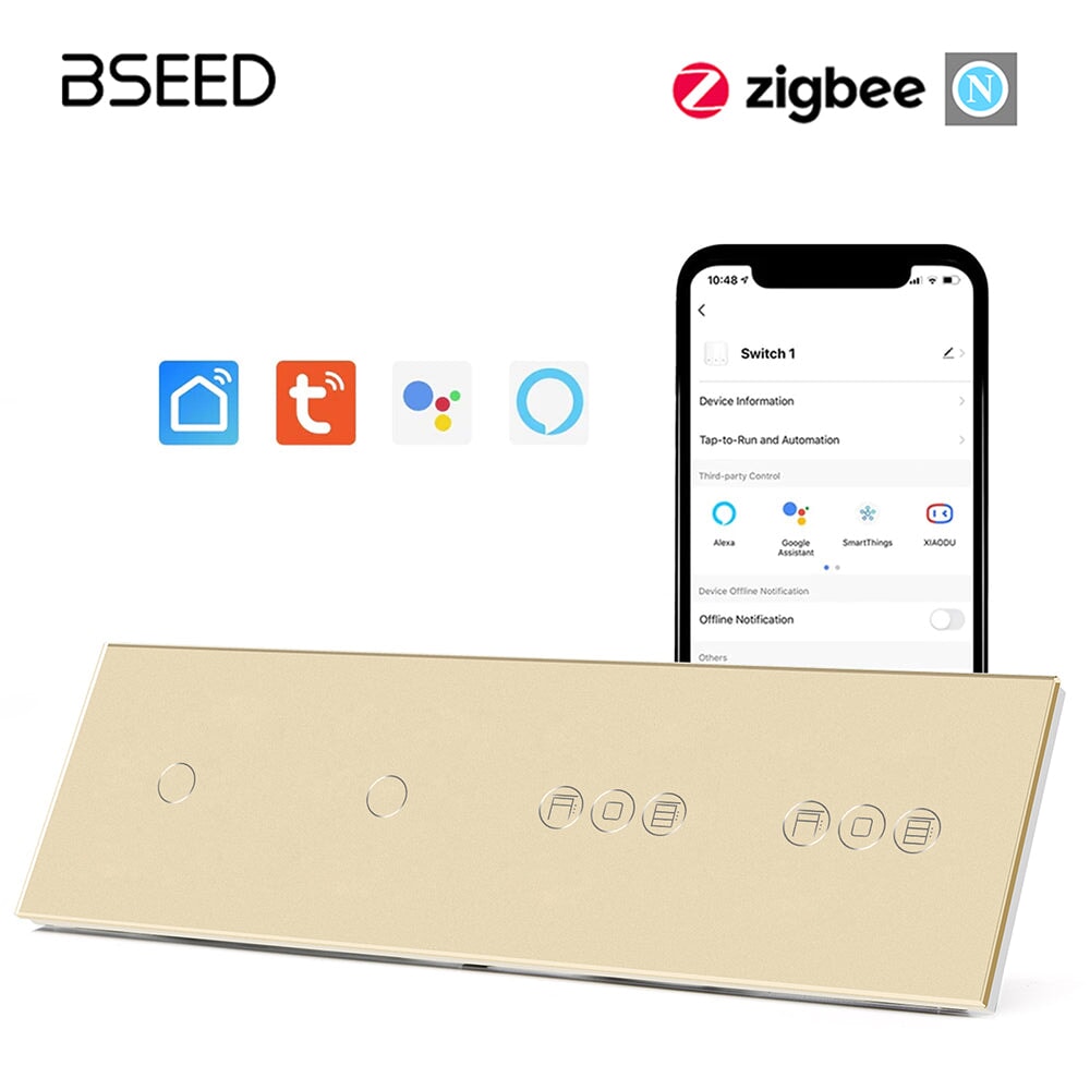 BSEED Double 1/2/3 Gang ZigBee Switch With ZigBee Double Roller Shutter Switch 299mm Light Switches Bseedswitch Golden 1Gang +1Gang+Double Shutter Switch 