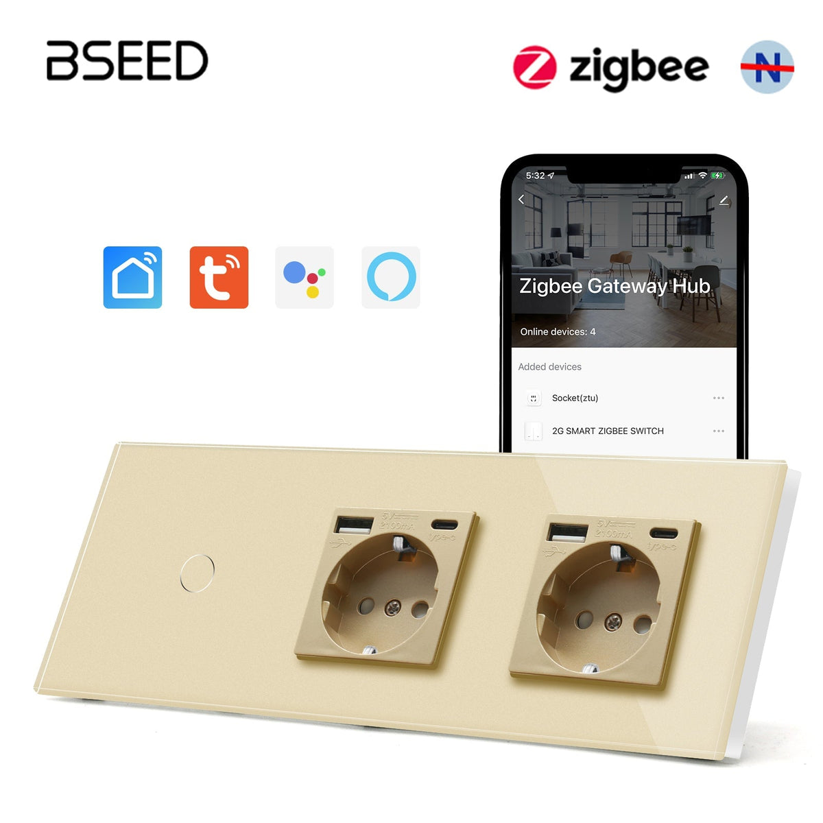 Bseed Zigbee Touch 1/2/3 Gang NO Neutral line Light Switches With Double EU Socket with USB-C Light Switches Bseedswitch Golden 1Gang 