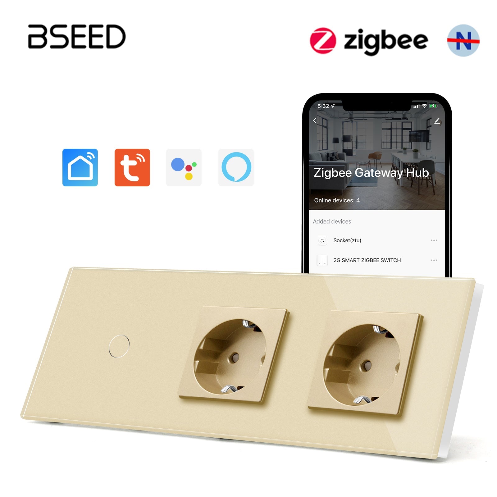 Bseed Zigbee Touch 1/2/3 Gang Light Switches Single Live Line Multi Control With Double EU Standard Not Smart Wall Sockets Light Switches Bseedswitch Golden 1Gang 