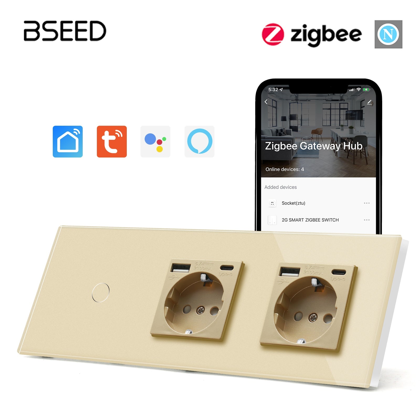 Bseed Zigbee 1/2/3 Gang Light Switches With Normal Double EU Standard Wall Sockets with USB-C Switch Bseedswitch Gold 1Gang 