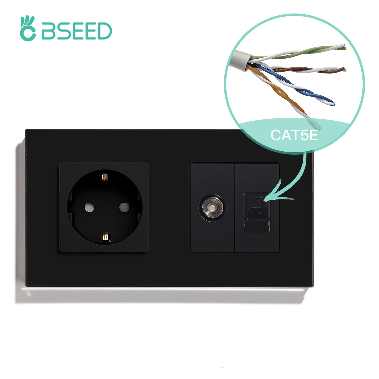 BSEED EU Standard Wall Socket With TV PC Socket Crystal Glass Panel Power Outlets & Sockets Bseedswitch Black 157mm 