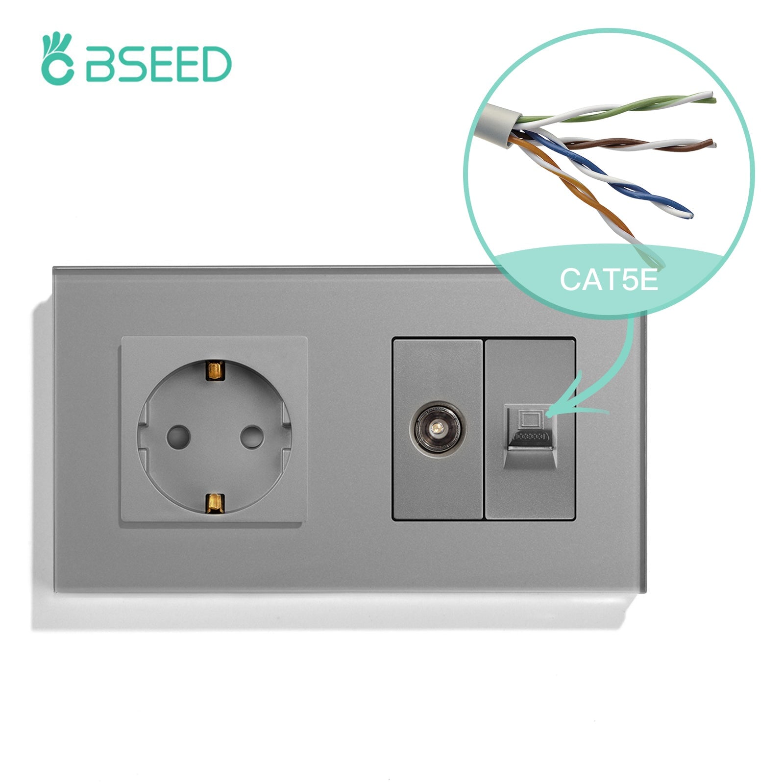 BSEED EU Standard Wall Socket With TV PC Socket Crystal Glass Panel Power Outlets & Sockets Bseedswitch Grey 157mm 