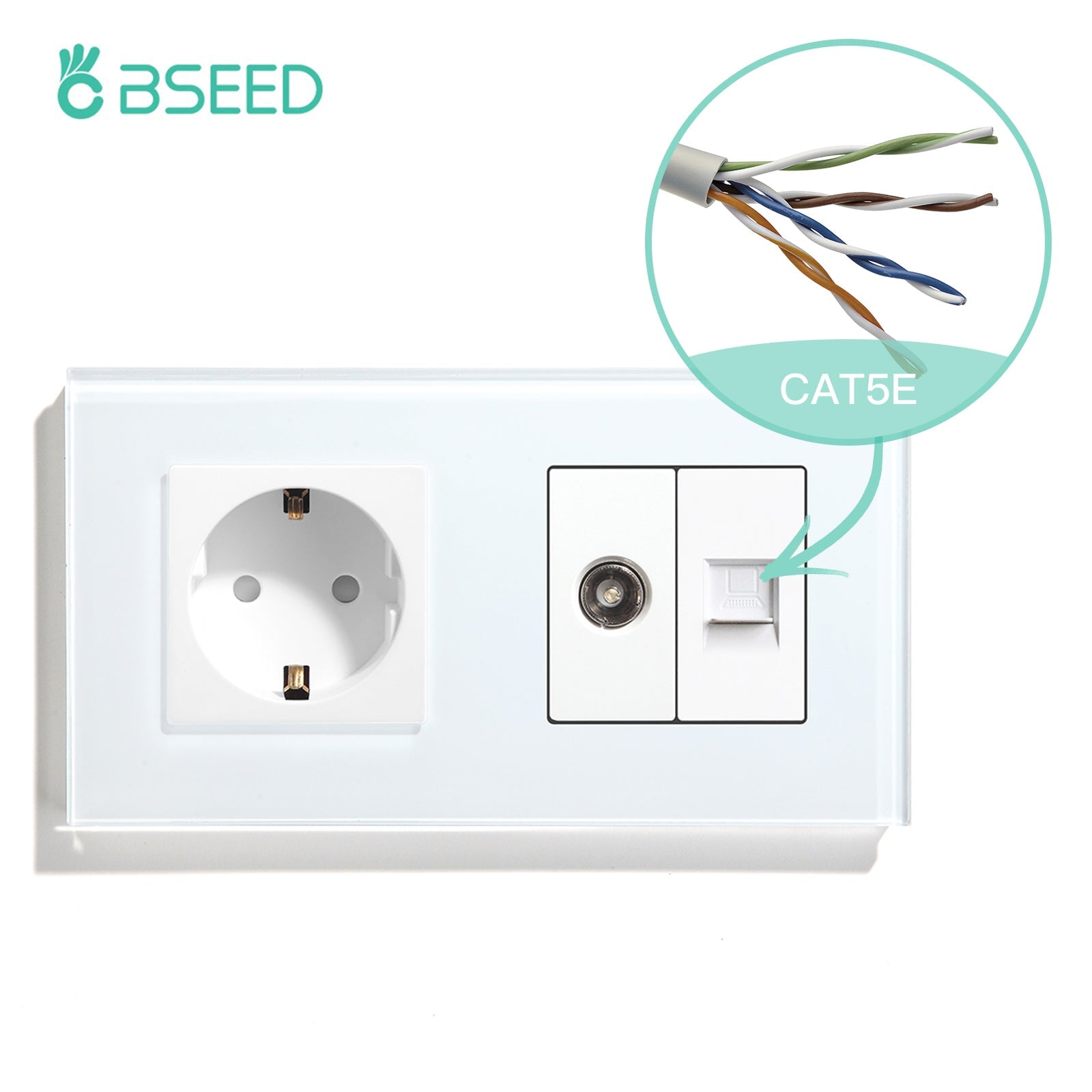 BSEED EU Standard Wall Socket With TV PC Socket Crystal Glass Panel Power Outlets & Sockets Bseedswitch White 157mm 