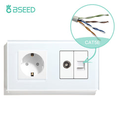 BSEED EU Standard Wall Socket With TV PC Socket Crystal Glass Panel Power Outlets & Sockets Bseedswitch White 157mm 