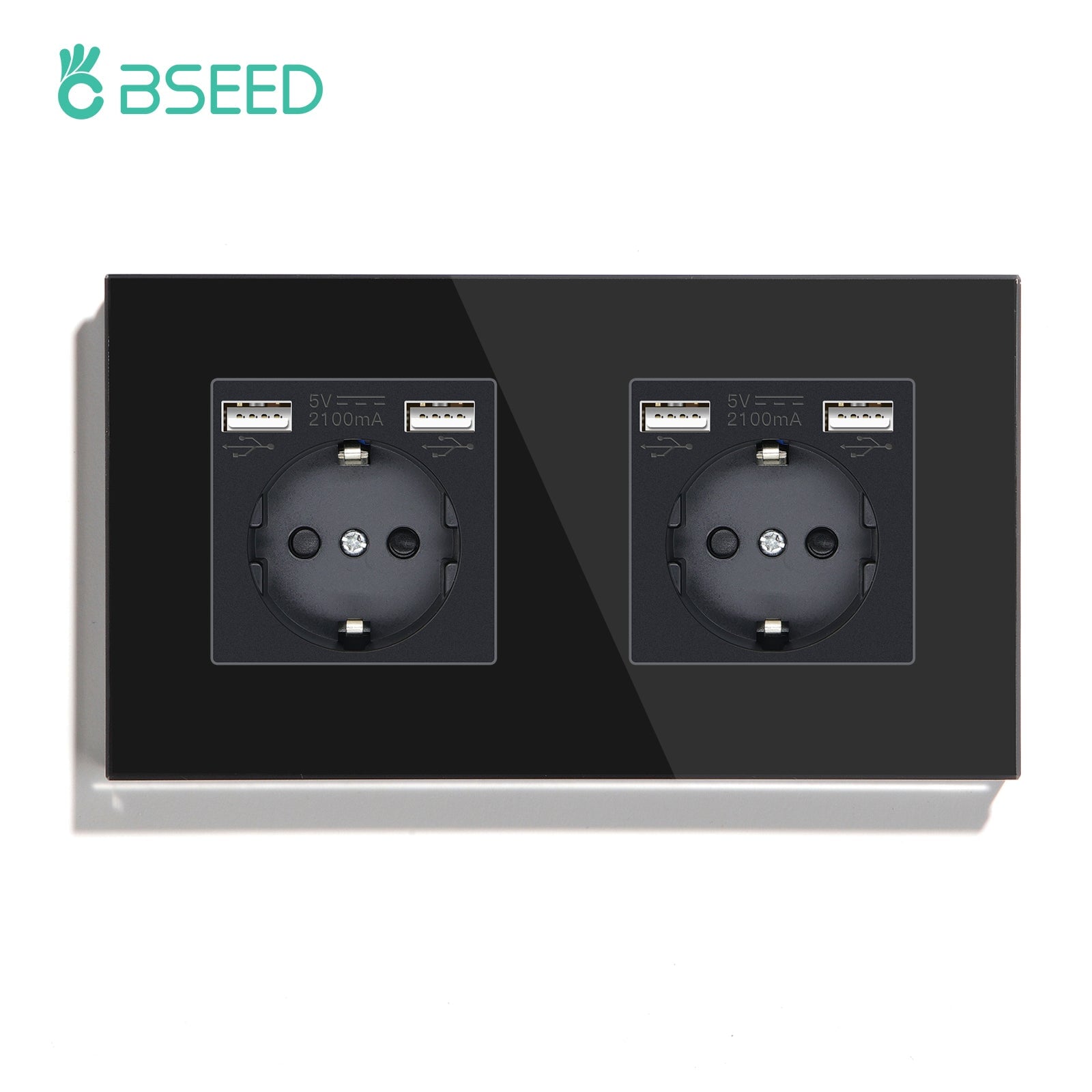 BSEED EU / FR Standard Wall Socket With Double USB Crystal Mirror Glass Panel Bseedswitch Black Double EU