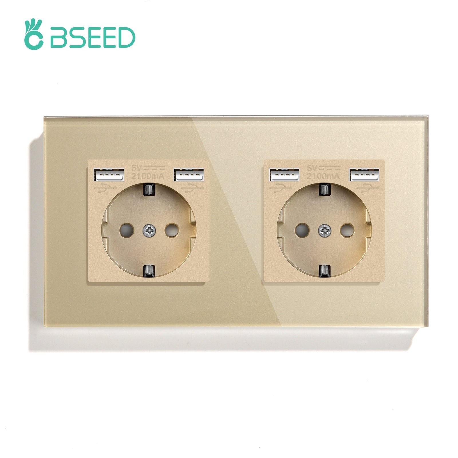 BSEED EU / FR Standard Wall Socket With Double USB Crystal Mirror Glass Panel Bseedswitch Golden Double EU