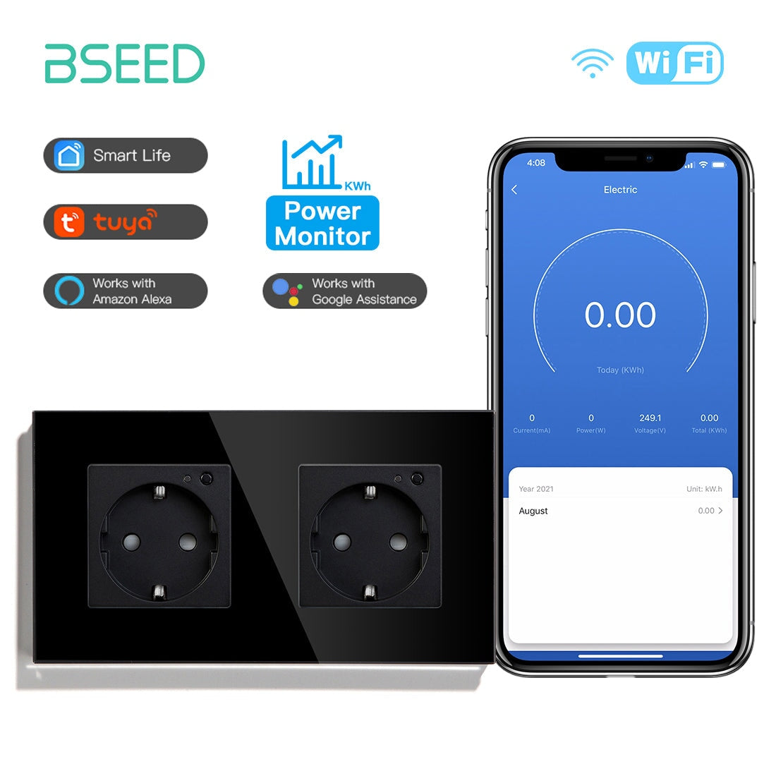 Bseed Wifi EU Standard Socket Wall Sockets With Energy Monitoring Power Outlets & Sockets Bseedswitch Black Double 