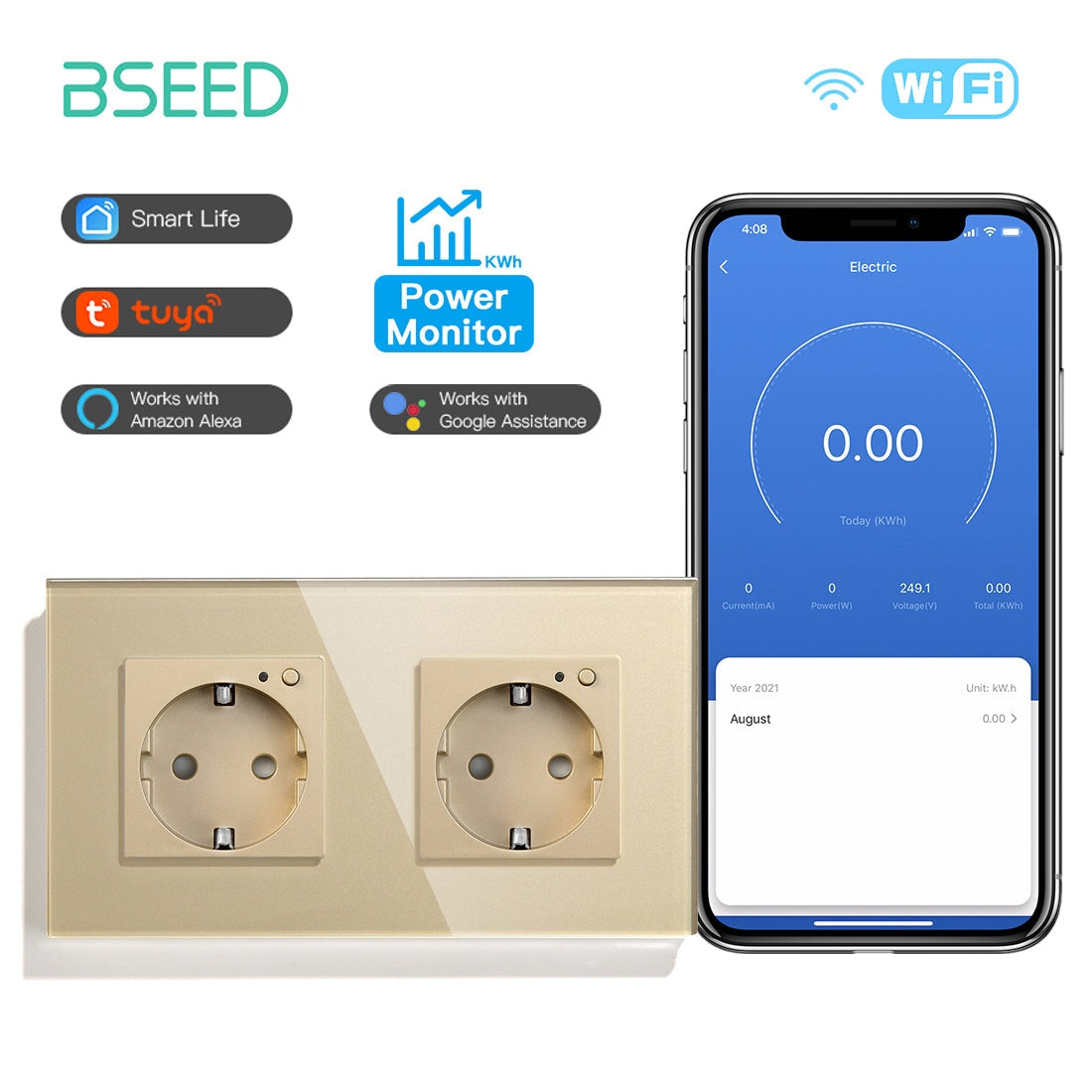 Bseed Wifi EU Standard Socket Wall Sockets With Energy Monitoring Power Outlets & Sockets Bseedswitch Golden Double 
