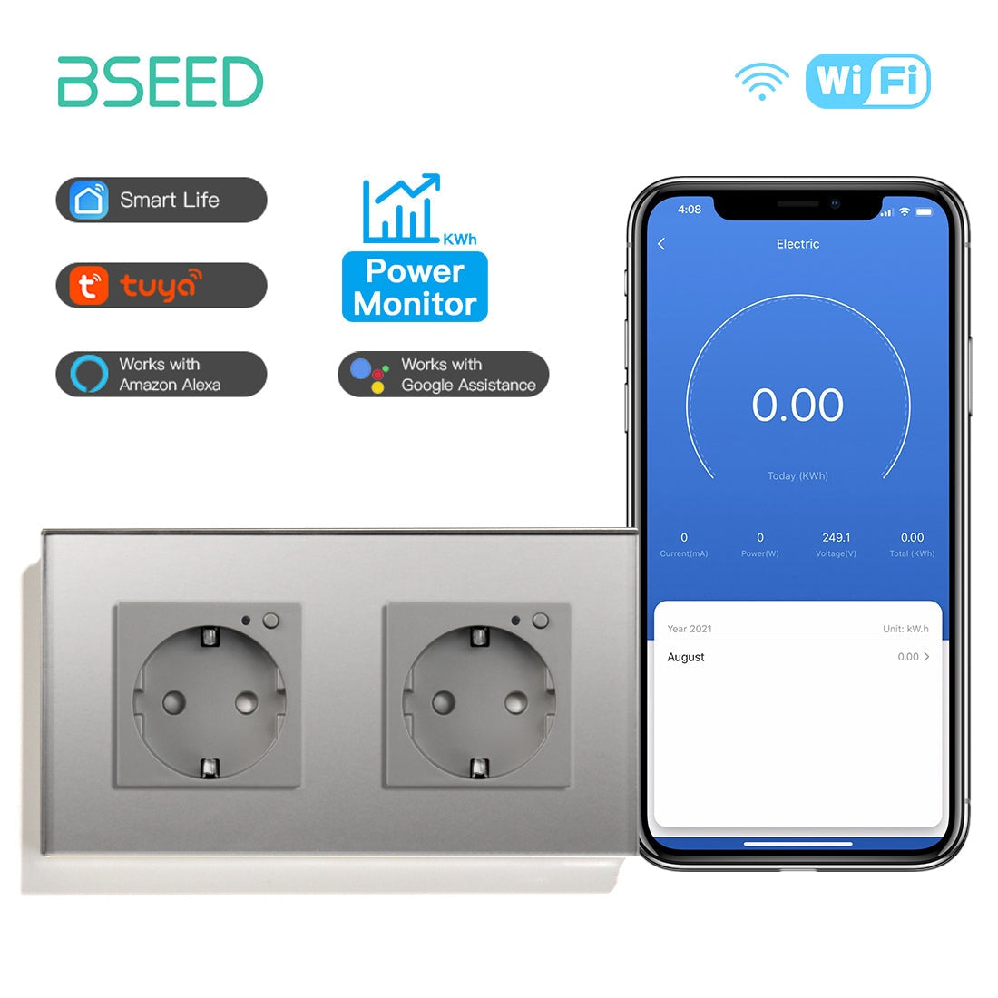 Bseed Wifi EU Standard Socket Wall Sockets With Energy Monitoring Power Outlets & Sockets Bseedswitch Grey Double 