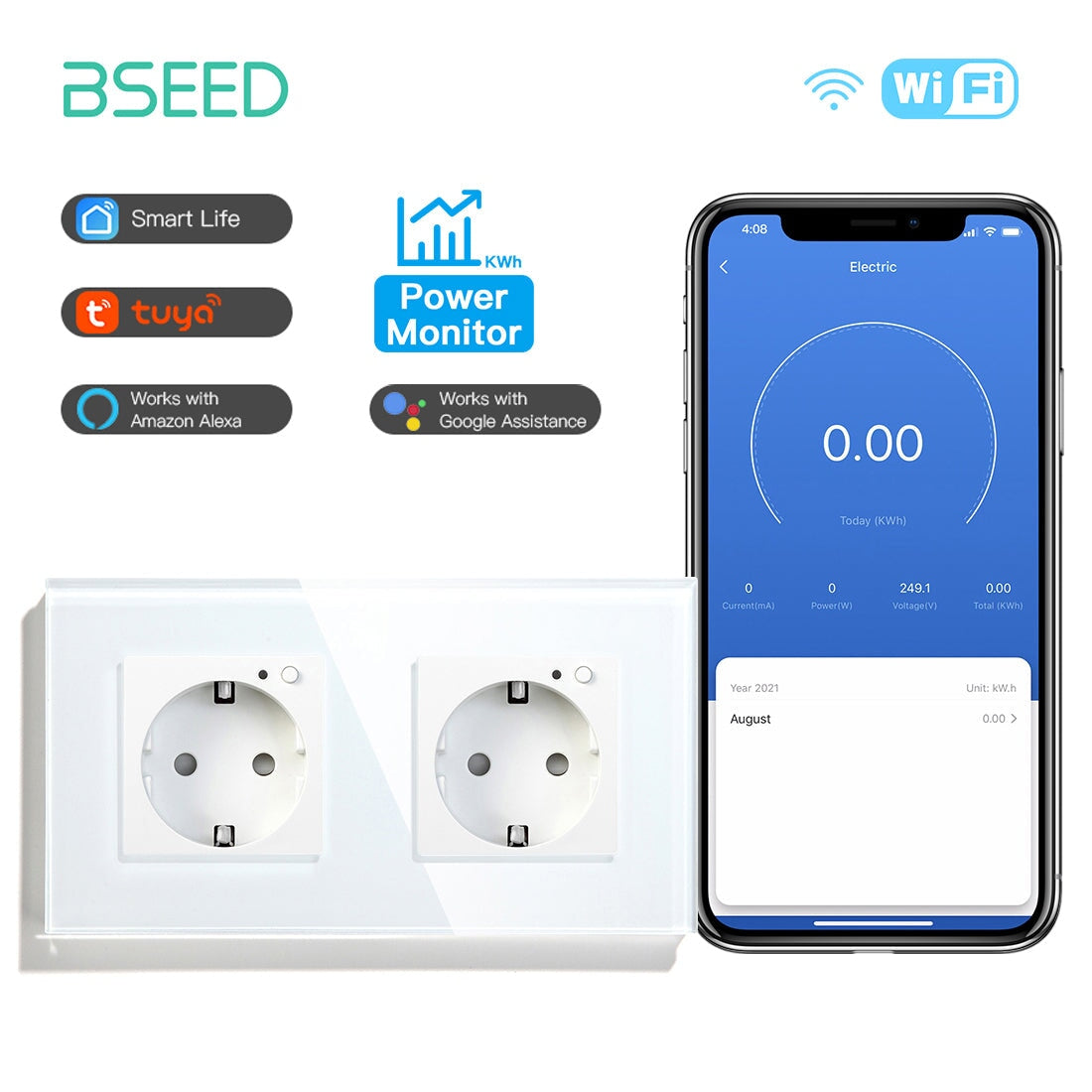 Bseed Wifi EU Standard Socket Wall Sockets With Energy Monitoring Power Outlets & Sockets Bseedswitch White Double 