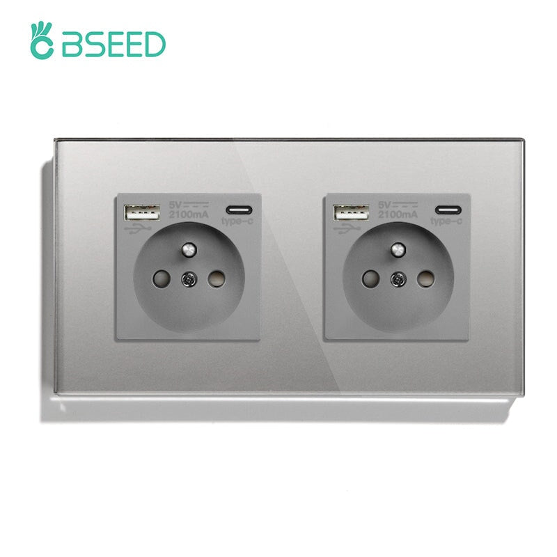 BSEED FR Wall Sockets Type-C Interface Outlet Wall Socket With Charge Port With USB Power Outlets Kids Protection 16A Wall Plates & Covers Bseedswitch grey Double 