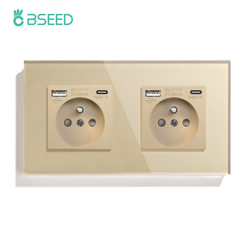 BSEED FR Wall Sockets Type-C Interface Outlet Wall Socket With Charge Port With USB Power Outlets Kids Protection 16A Wall Plates & Covers Bseedswitch gold Double 