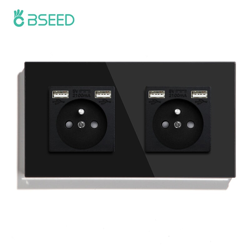 BSEED EU / FR Standard Wall Socket With Double USB Crystal Mirror Glass Panel Bseedswitch Black Double FR