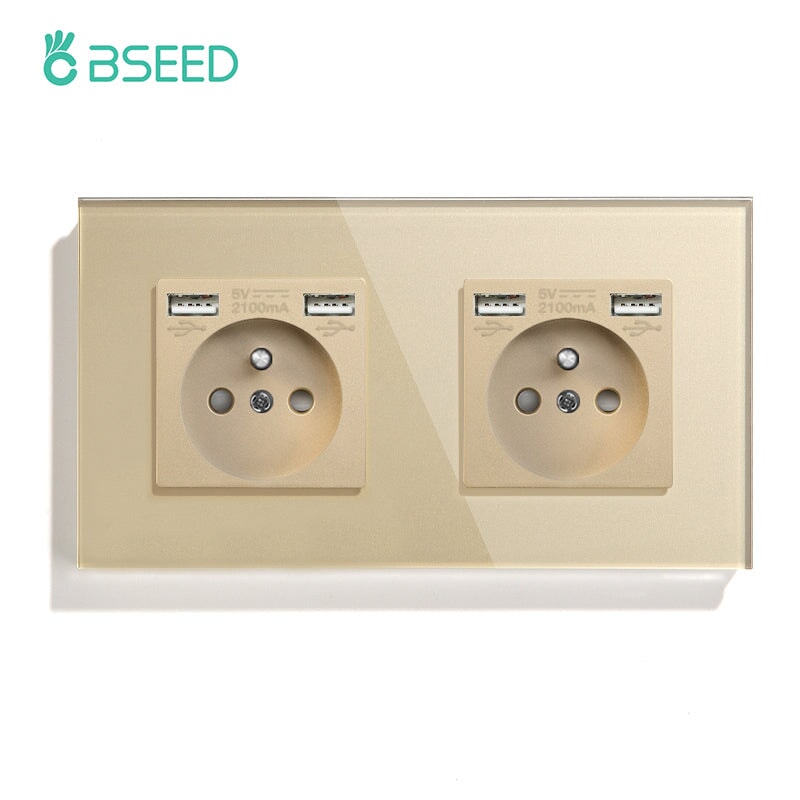 BSEED EU / FR Standard Wall Socket With Double USB Crystal Mirror Glass Panel Bseedswitch Golden Double FR