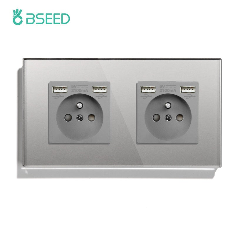 BSEED EU / FR Standard Wall Socket With Double USB Crystal Mirror Glass Panel Bseedswitch Grey Double FR