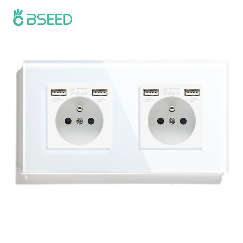 BSEED EU / FR Standard Wall Socket With Double USB Crystal Mirror Glass Panel Bseedswitch White Double FR