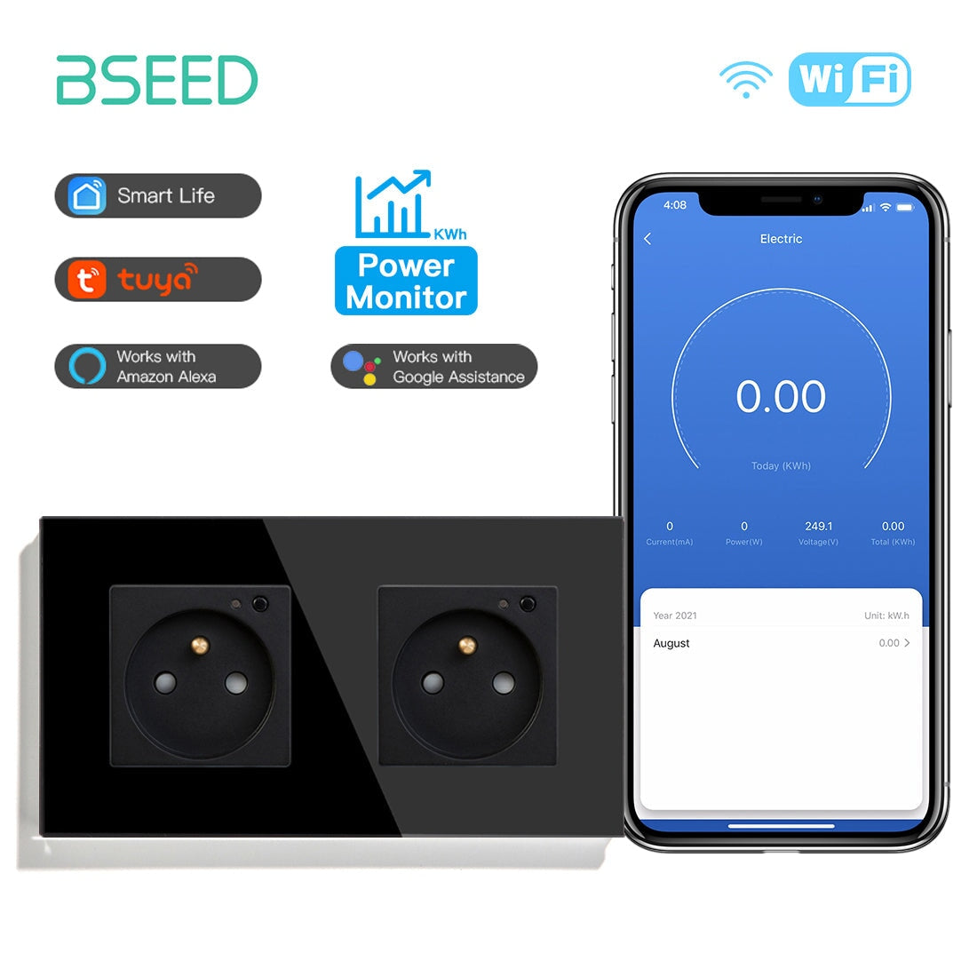 Bseed Wifi FR Standard Socket Wall Sockets With Energy Monitoring Power Outlets & Sockets Bseedswitch Black Double 
