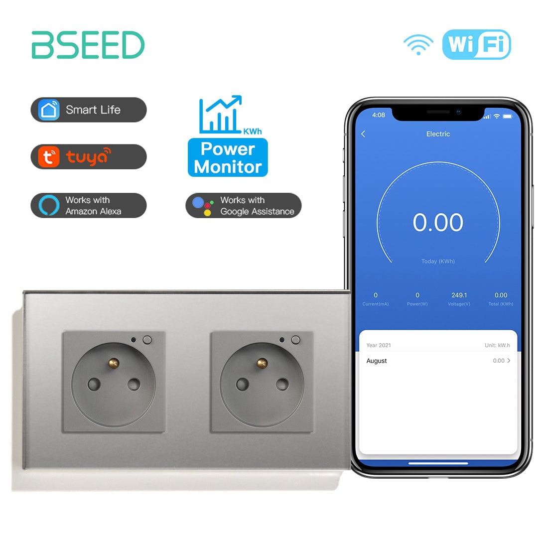 Bseed Wifi FR Standard Socket Wall Sockets With Energy Monitoring Power Outlets & Sockets Bseedswitch Grey Double 