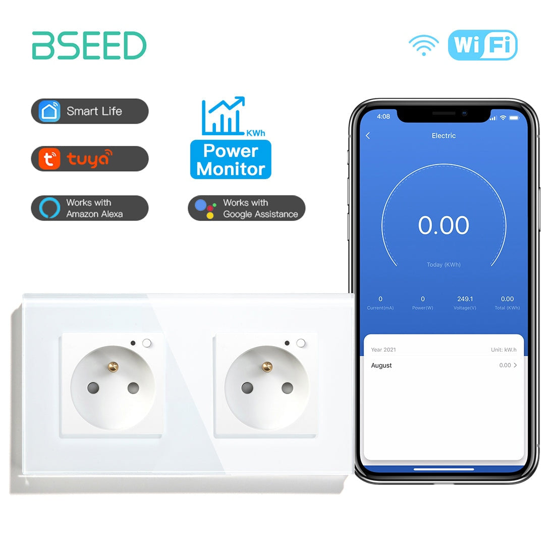 Bseed Wifi FR Standard Socket Wall Sockets With Energy Monitoring Power Outlets & Sockets Bseedswitch White Double 