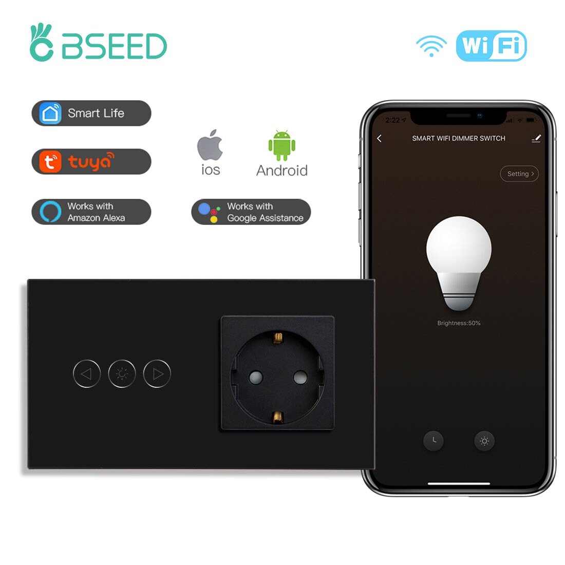 BSEED Smart WiFi Dimmer Light Switch With Normal EU Socket Light Switches Bseedswitch Black 