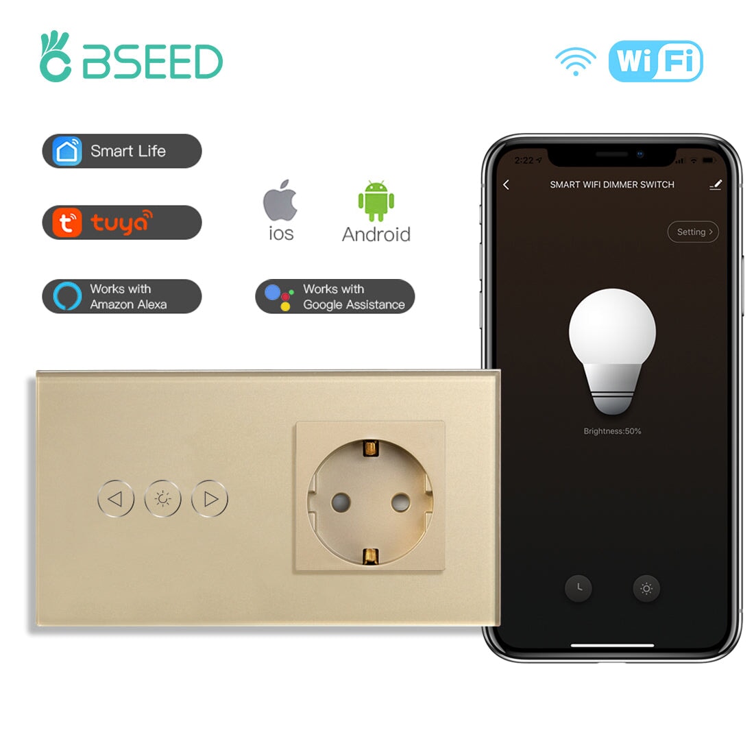 BSEED Smart WiFi Dimmer Light Switch With Normal EU Socket Light Switches Bseedswitch Gold 