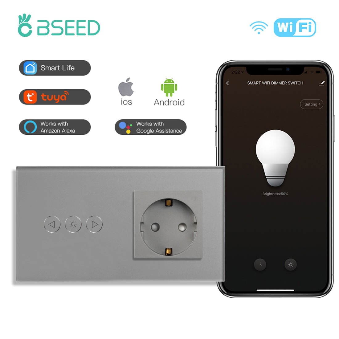 BSEED Smart WiFi Dimmer Light Switch With Normal EU Socket Light Switches Bseedswitch Grey 