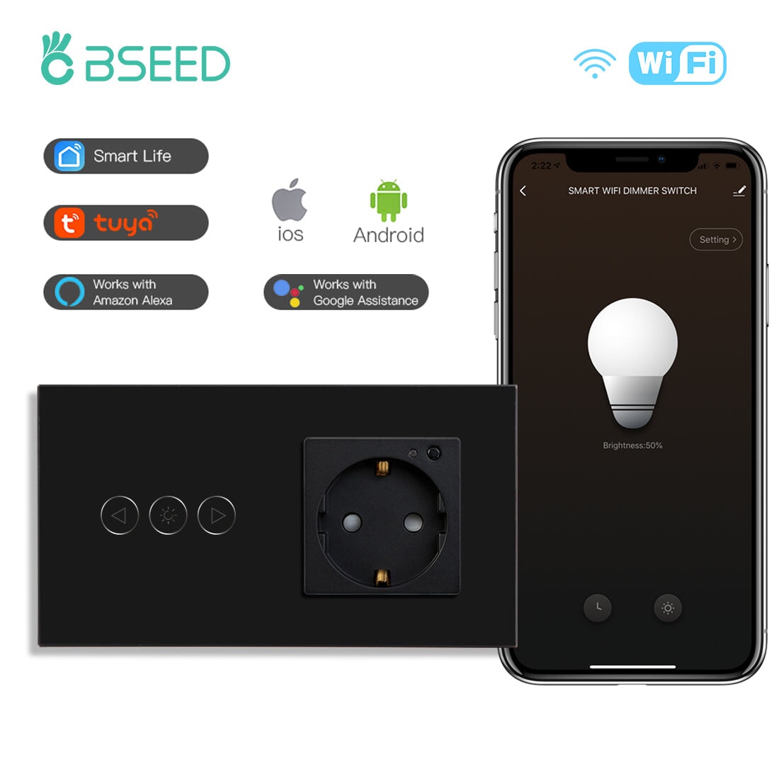 Bseed Smart WiFi Dimmer Switch With WiFi Socket Power Outlets & Sockets Bseedswitch Black 