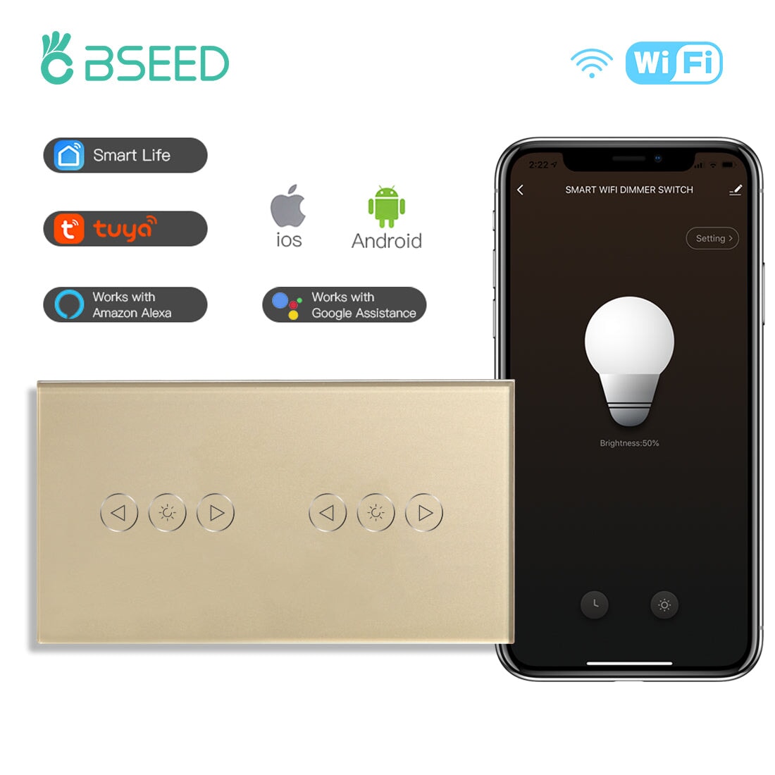 Bseed WIFI Dimmer Switch Double Wall Touch Switch Light Switches Bseedswitch Golden 