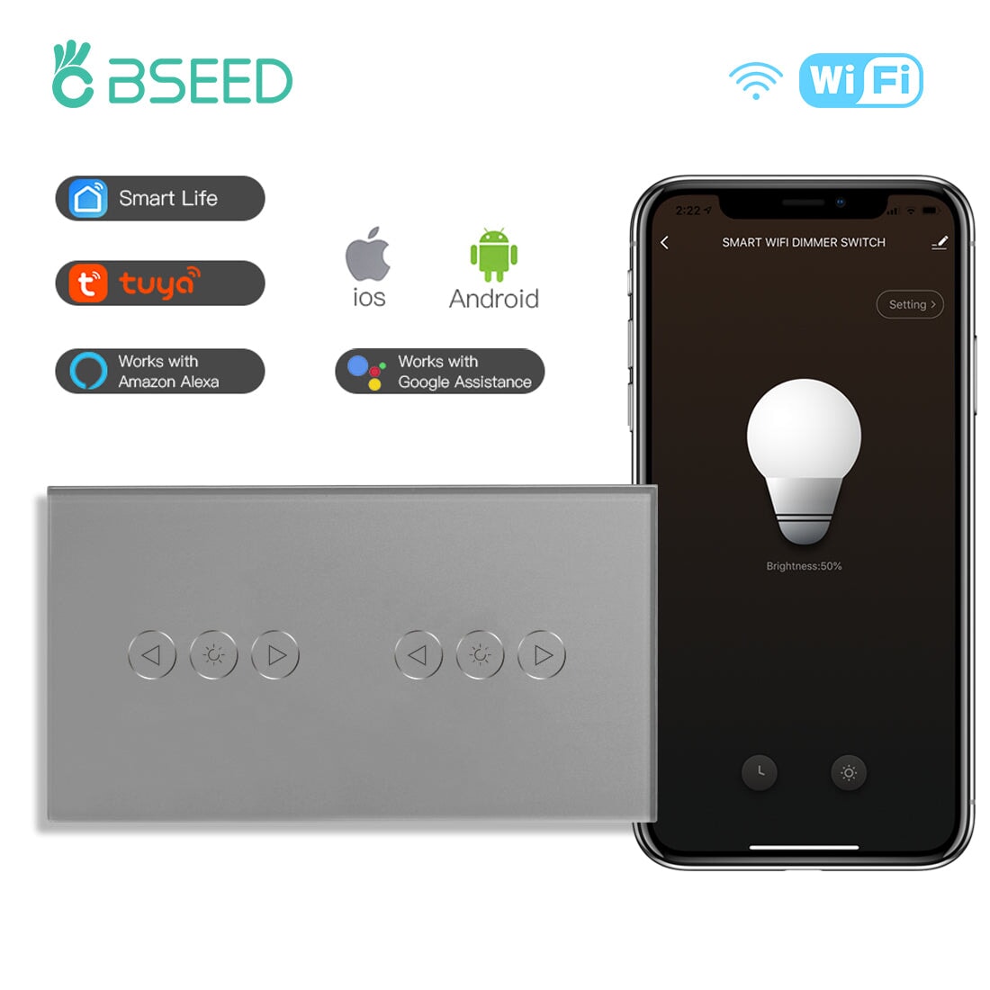 Bseed WIFI Dimmer Switch Double Wall Touch Switch Light Switches Bseedswitch Grey 