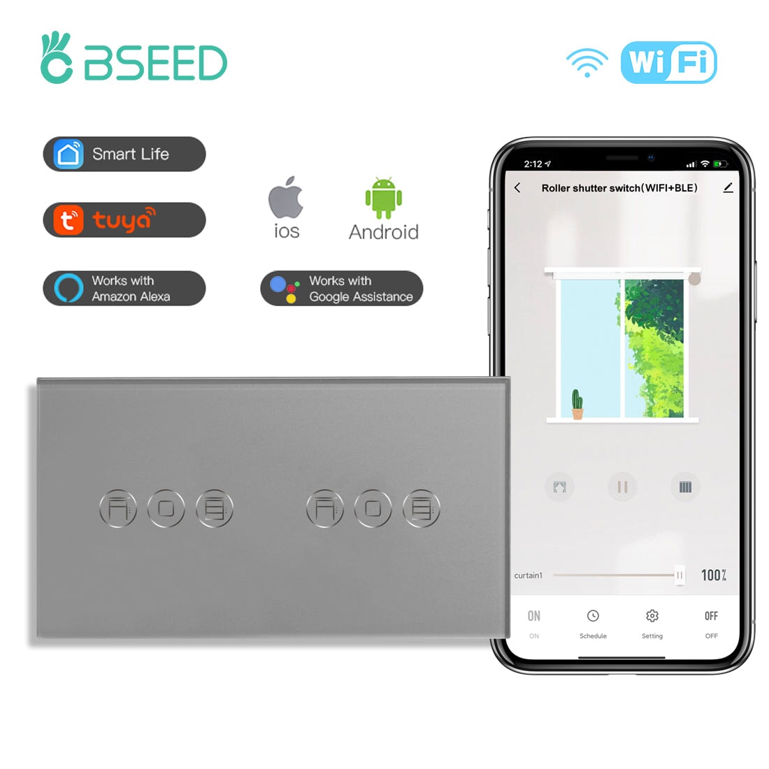 Bseed Double WiFi Touch Roller Shutter Switch 157mm Crystal Glass Panel Smart Blind Work With Tuya App Bseedswitch Grey 