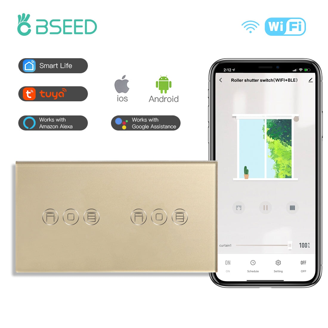 Bseed Double WiFi Touch Roller Shutter Switch 157mm Crystal Glass Panel Smart Blind Work With Tuya App Bseedswitch Golden 