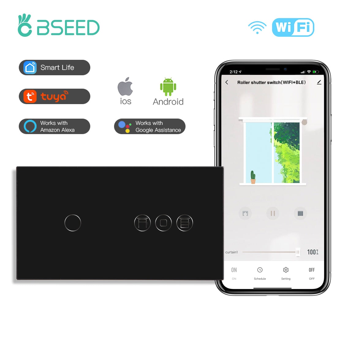 BSEED WiFi 1/2/3 Gang Switch 1/2/3 Way With Roller Shutter Switch Voice And APP Control Light Switches Bseedswitch Black 1 Gang With Shutter Switch 