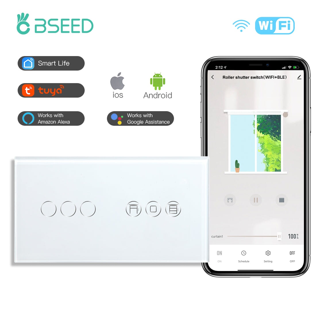 BSEED WiFi 1/2/3 Gang Switch 1/2/3 Way With Roller Shutter Switch Voice And APP Control Light Switches Bseedswitch White 3 Gang With Shutter Switch 