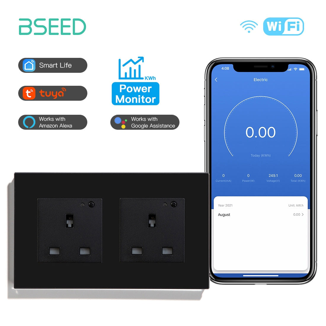 BSEED Smart WiFi UK Standards Wall Sockets with Metering Power Outlets & Sockets Bseedswitch black Double 