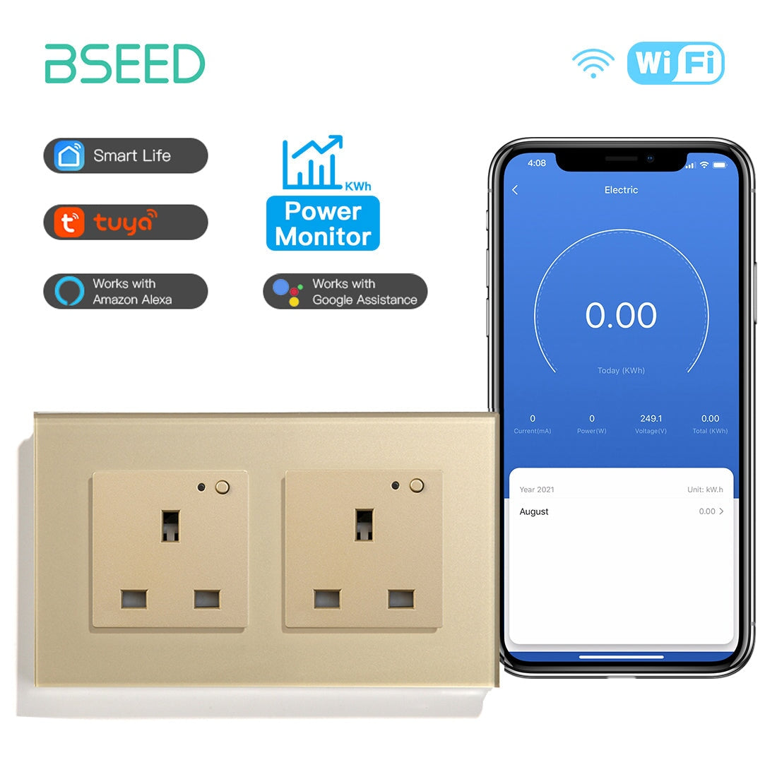 BSEED Smart WiFi UK Standards Wall Sockets with Metering Power Outlets & Sockets Bseedswitch golden Double 