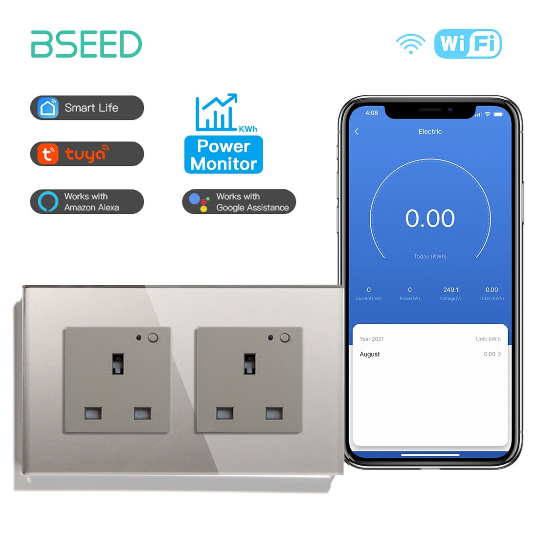 BSEED Smart WiFi UK Standards Wall Sockets with Metering Power Outlets & Sockets Bseedswitch grey Double 