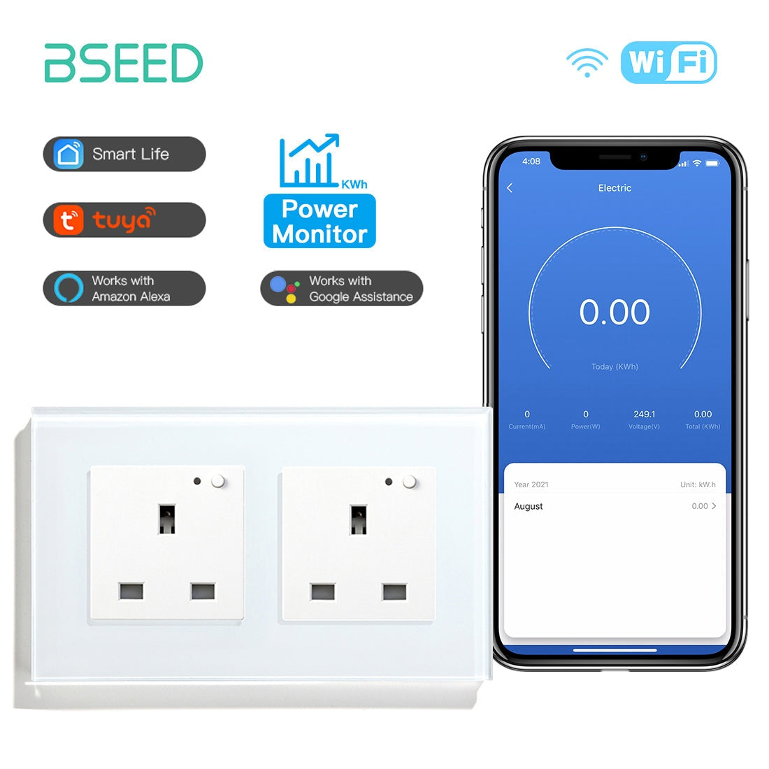 BSEED Smart WiFi UK Standards Wall Sockets with Metering Power Outlets & Sockets Bseedswitch white Double 