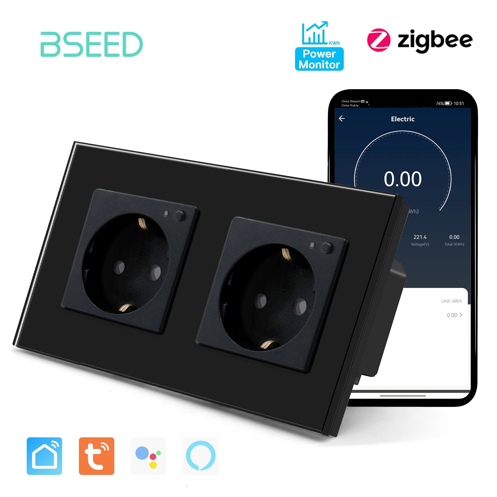 BSEED ZigBee EU Wall Sockets Power Outlets With Energy Monitoring Kids Protection Wall Plates & Covers Bseedswitch black Double 